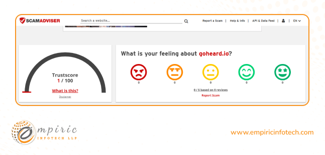 result of the Scamadviser site for the goheard.io site 